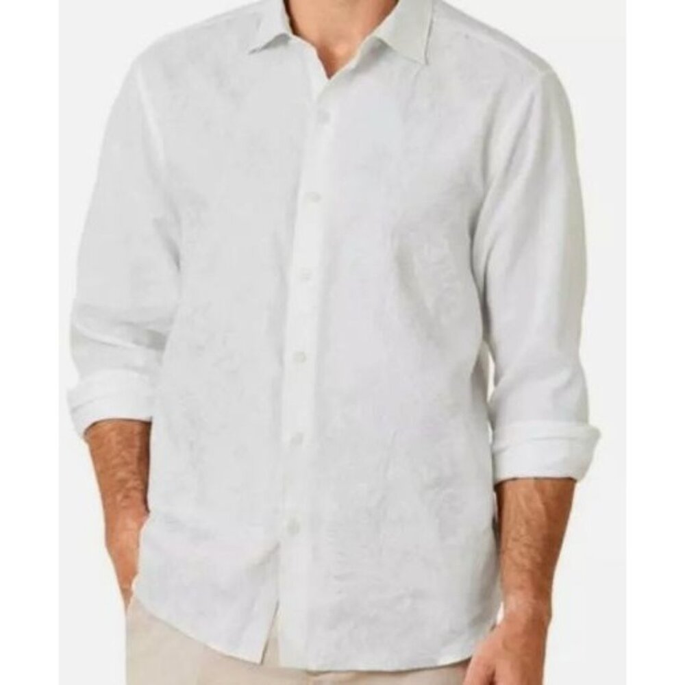Tommy Bahama Men's Cotton Linen Blend White Long-Sleeve Shirt Boho Beach Travel